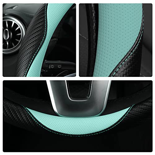 Car Steering Wheel Covers for Women Padded Carbon Fiber PU Leather Cute Auto Interior Accessories for Vehicle (Green+Black / Standard Size[14.75-15.15"](37.5-38.5cm))