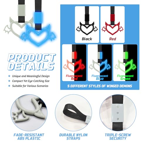 2 Pcs Devil Heart Shaped Car Handle Strap (Luminous Blue-Wing)