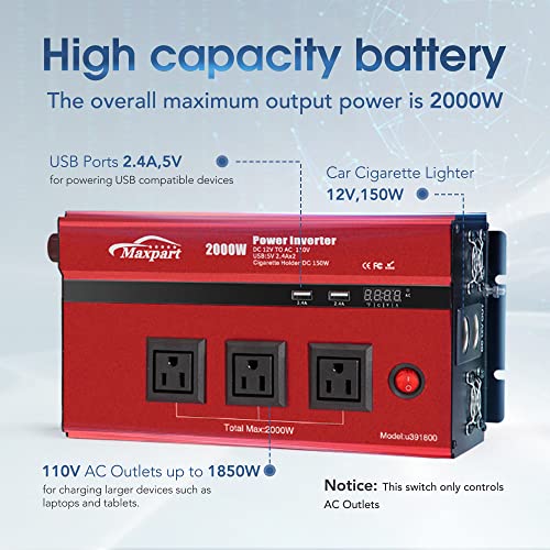 2000w 12v Car Power Inverters for Vehicles Truck with USB Charging Port (2000W / Red)