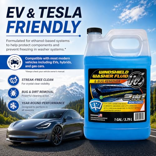 2-in-1 Windshield Washer Fluid 2-Pack (1 Gallon Each, 256 fl oz Total) – Ready to Use, Streak-Free Formula, All-Weather Cleaning, Removes Bugs, Dirt & Road Grime – Premium Windshield Cleaner (Blue / 128 Fl Oz (Pack of 2))