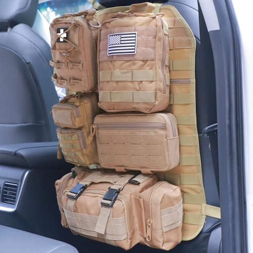 Universal Tactical Seat Back Organizer Vehicle Molle Panel Organizer Storage Bag with 5 Detachable Molle Pouch for All Vehicel Such as Jeep (Upgraded-B-Khaki)