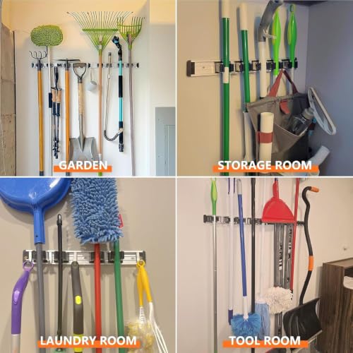 Broom Holder Wall Mount Mop Hanger Tools organizer 5Racks 4Hooks (Black)