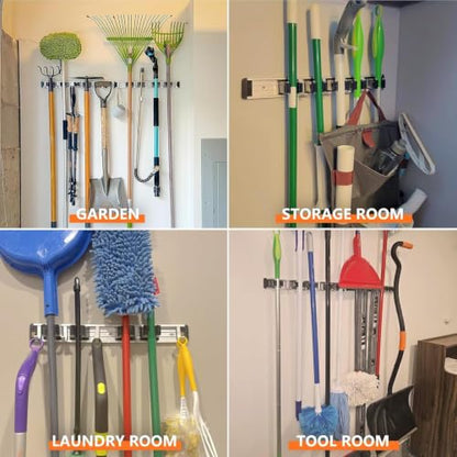 Broom Holder Wall Mount Mop Hanger Tools organizer 4Racks 5Hooks (Black)