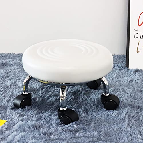 Roller Seat PU Leather Foot Stool Low Rolling Stool 360° Round Step Stool (White)