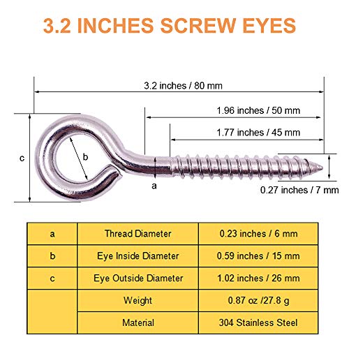 6 Pack 304 Stainless Steel Screw Eyes 3.2" (6 Pack)