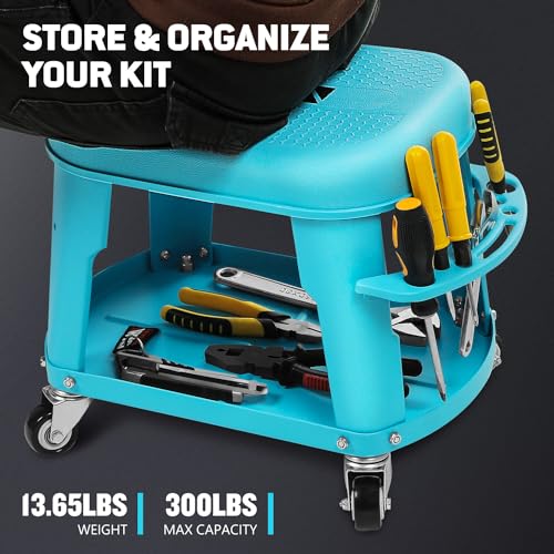 Removable Rolling Garage Stool with Seat Cushion & Tool Tray Plate (Blue)