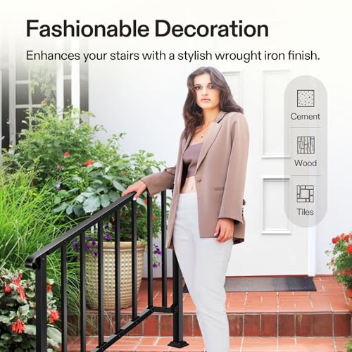 4 Step Railing 54"x36" Wrought Iron with Curved & Balusters Black (Black / 4 Steps)