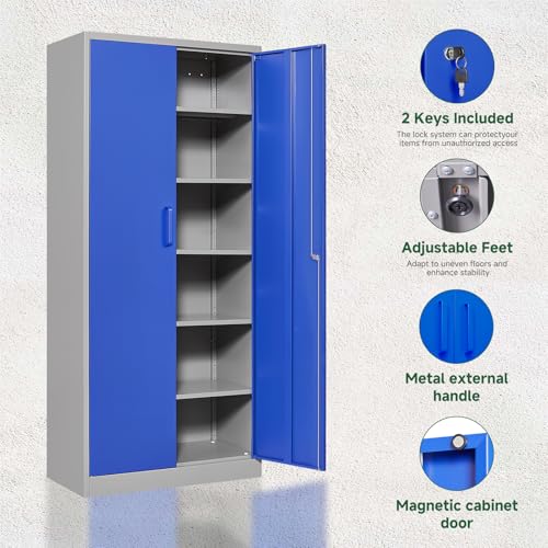 Metal Garage Storage Cabinets with Lock Door and Adjustable Shelves (71 X 32 X 16 In(H X W X D) / Grey Blue)