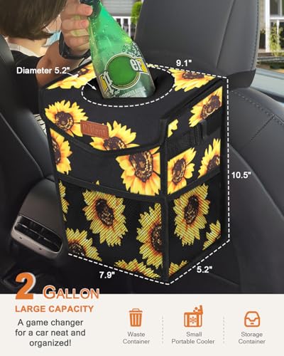 Car Trash Can with Lid Leakproof Car Garbage Bag Vehicle Trash Bin (2 Gallons / Black Sunflower)