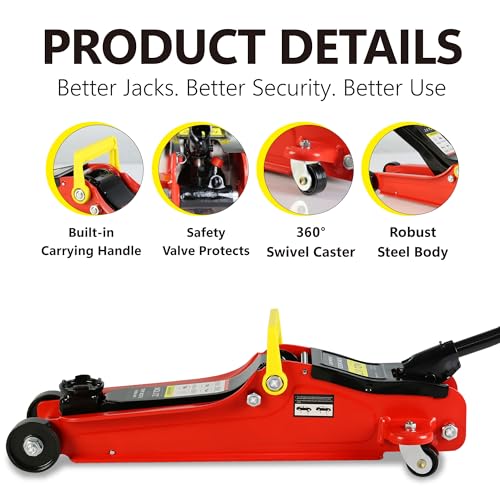 4 Piece Car Truck Floor Jack Service (Red - 2 Ton, Lift 3.3"-15.2" (Floor Jack+2 Jack Stands+Tire Repair Kit))