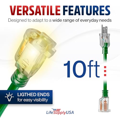 10ft Outdoor Indoor Extension Cord 14 (10 FT / 14AWG / Green)