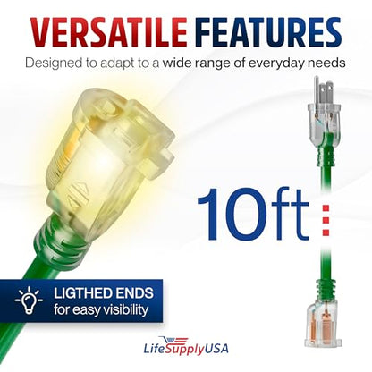 10ft Outdoor Indoor Extension Cord 14 (10 FT / 14AWG / Green)