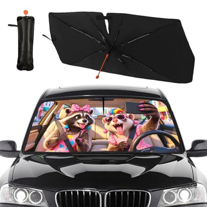 Raccoon Car Windshield Sun Shade Umbrella Bendable Handle Foldable Funny Women Gifts Raccoon Sunshade for Car Windshield Block UV Rays Keep Vehicle Cool for Most Sedans SUV Trucks Cars 57"x30" (147*75cm,33*11cm / Funny Raccoon 02)