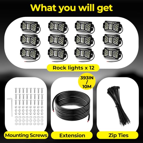12 Pods 324 LEDs 6000K White Rock Lights with 32.8FT Extension Wire (12 Pods+11 yard wire)