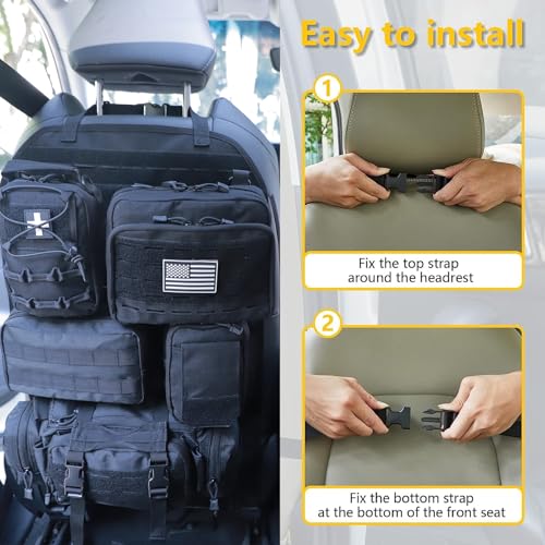 Universal Tactical Seat Back Organizer Vehicle Molle Panel Organizer Storage Bag with 5 Detachable Molle Pouch for All Vehicel Such as Jeep (Upgraded-C-Black)