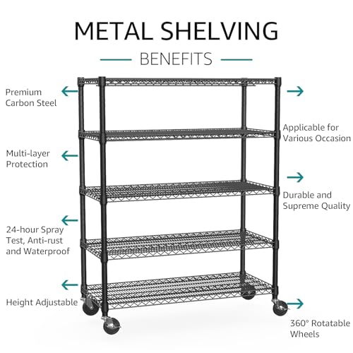 Garage Shelving Wide Storage Shelves 5 Tier Metal Shelves 4000 LBS Heavy Duty Adjustable Utility Shelf Rack Black 23.6" D x 53.1" W x 73.6" H (5 Tier, 23.6" D x 53.1" W x 73.6" H / Black)