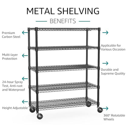 Garage Shelving Wide Storage Shelves 5 Tier Metal Shelves 4000 LBS Heavy Duty Adjustable Utility Shelf Rack Black 23.6" D x 53.1" W x 73.6" H (5 Tier, 23.6" D x 53.1" W x 73.6" H / Black)