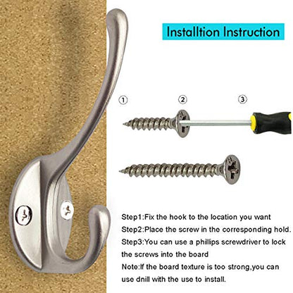 10 Pack Silvery Double Coat Hooks Utility Hooks for Coat (Silvery)