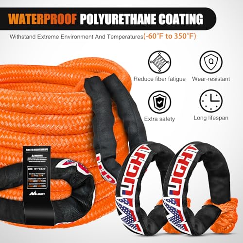Kinetic Recovery Rope Kit with Soft Shackle Towing Strap (1in x 20ft Rope + 2Pcs Soft Shackle)