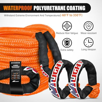 Kinetic Recovery Rope Kit with Soft Shackle Towing Strap (1in x 20ft Rope + 2Pcs Soft Shackle)