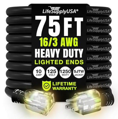 75ft Outdoor Indoor Extension Cord 16 (75 FT / 16AWG / Black)
