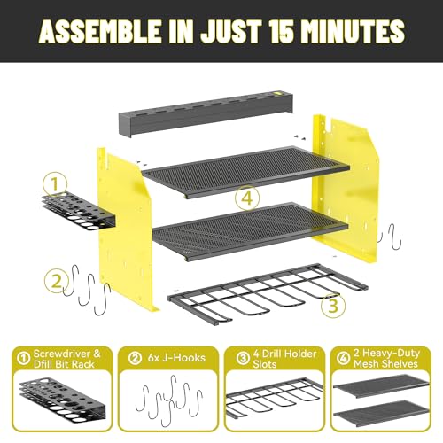 Heavy Duty Drill Holder & Power Tool Organizer Wall Mount (3L4D WITH CHARGING STATION (YELLOW) / With Charging Station)