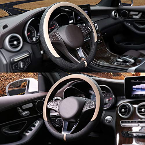 Breathable Car Steering Wheel Cover 15 inch Auto Universal Leather Wrap Non (A-Beige / M (14.5"-15"))