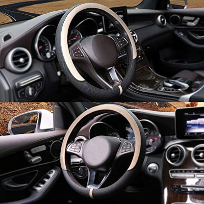 Breathable Car Steering Wheel Cover 15 inch Auto Universal Leather Wrap Non (A-Beige / M (14.5"-15"))