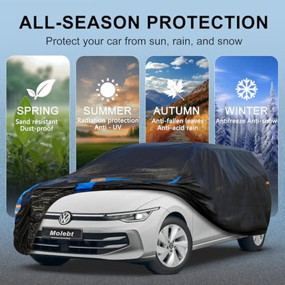 Car Cover Waterproof All Weather for Automobiles (Black-Blue / 1 Fit Hatchback-Length 164-178 inch)