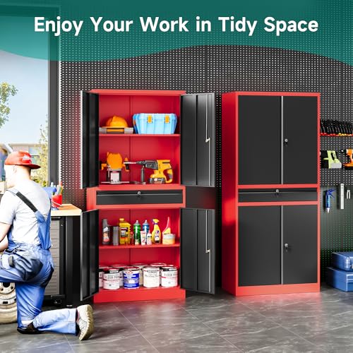 Metal Storage Cabinet with Drawer and Lock (71"H x 31.5"W x 16"D / Red Black)