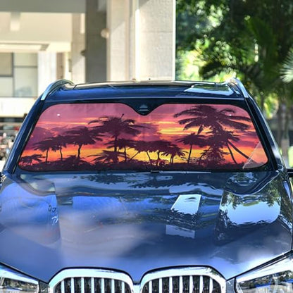 Car Windshield Sun Shade Sunset Palm Trees02 Foldable Car Front Windshield Sunshade Blocks UV Rays Sun Visor Sun Heat Protection for Car Truck SUV to Keep Your Vehicle Cool (Medium / Sunset Palm Trees)