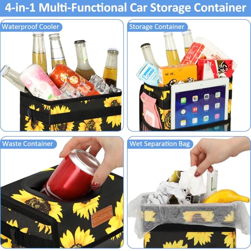 Leak Proof Car Trash Can with Lid Large Sunflower Floral (Sunflower / 3 Gallons)