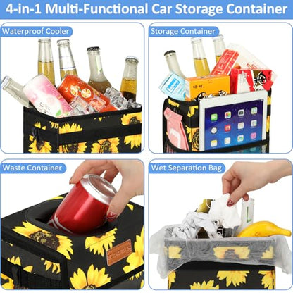Leak Proof Car Trash Can with Lid Large Sunflower Floral (Sunflower / 3 Gallons)
