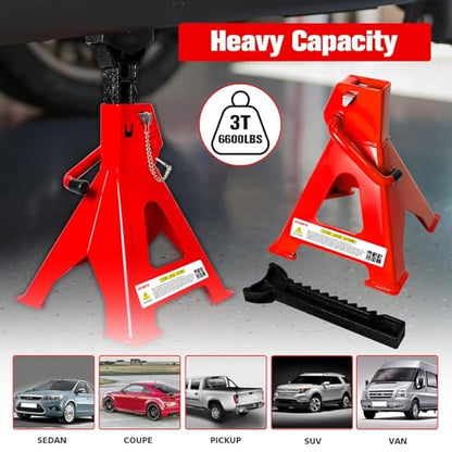 Jack Stands 3 Ton (3 Ton Double Pin Locking with Rubber Pads / Red)