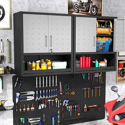 Wall Mounted Metal Storage Cabinet (Black & Gray / H30.31" - 2 Doors & Open Storage)
