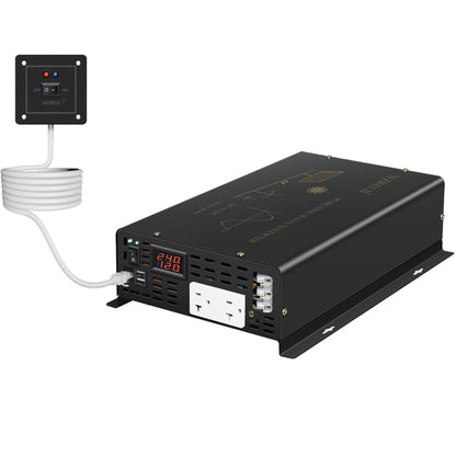 Pure Sine Wave Power Inverter 3000W 24VDC to 120VAC 6000W Peak Dual AC Outlets 2× 2.4A USB Port &Hardwire Terminal with 16ft Remote Conrtol Off (3000W24V)