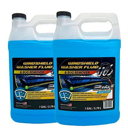 2-in-1 Windshield Washer Fluid 2-Pack (1 Gallon Each, 256 fl oz Total) – Ready to Use, Streak-Free Formula, All-Weather Cleaning, Removes Bugs, Dirt & Road Grime – Premium Windshield Cleaner (Blue / 128 Fl Oz (Pack of 2))