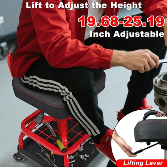 Rolling Shop Stool with Wheels (Red)