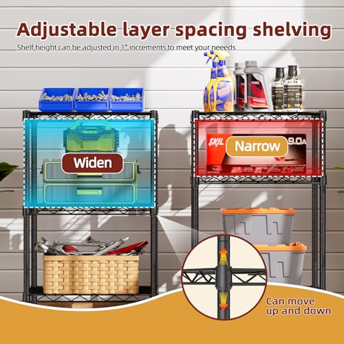 Small Wire 3 Adjustable Shelves Pantry Metal Shelf Floor Organizer (Black / 3-Tier 11.8"D X 17.3"W X 30.7"H)