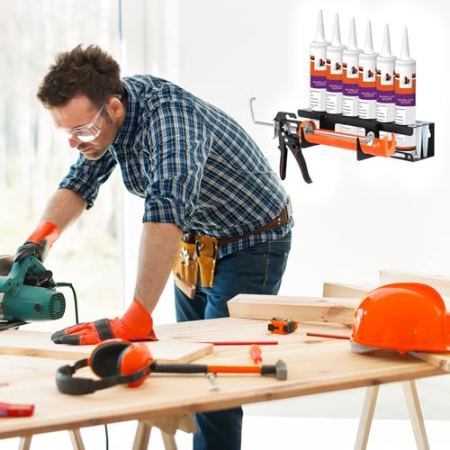 Wall Mount Caulking Gun Rack Holds 6 Caulk Tubes & Nozzles (Black)