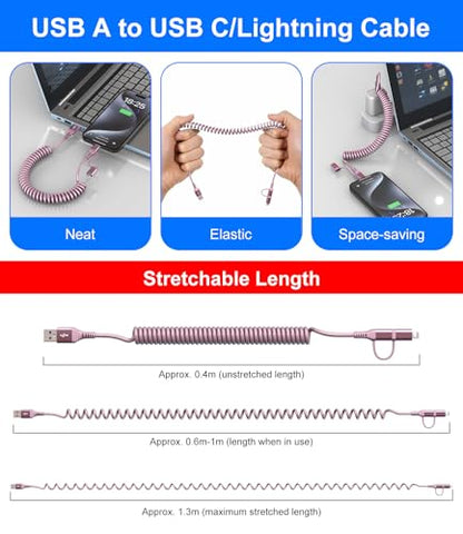 USB to USB C and Lightning Pink Car Charger Cable (Pink)