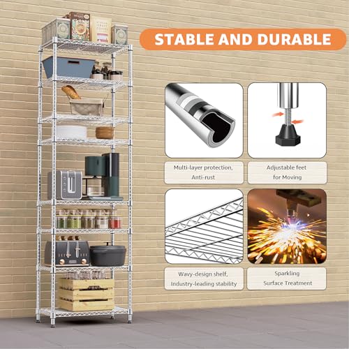 8 Tier 2000 lbs Storage Rack Metal Wire Shelving Unit (8 tier 13.8" D x 23.6" W x 79.5" H / Chrome)