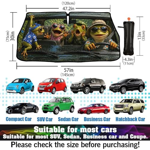 Frog Driving Car Windshield Sun Shade Umbrella Bendable Handle Foldable Funny Frog Driving Sunshade for Car Windshield Block UV Rays Keep Vehicle Cool for Most Sedans SUV Trucks Cars 57"x30" (147*75cm,33*11cm / Funny Frog Driving)