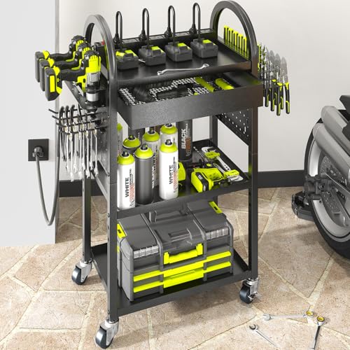 Power Tool Cart with Charging Station (Black-with Drawer and Power)