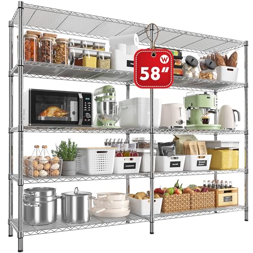 58" W Storage Shelves Wire Shelving 1400LB Metal Shelves for 5 Tier Shelving Unit with Shelf Adjustable Garage Shelving Rack for Pantry Kitchen Garage (Chrome-13.8"D x 58"W x 59"H-5 Tier)