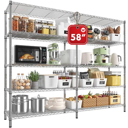 58" W Storage Shelves Wire Shelving 1400LB Metal Shelves for 5 Tier Shelving Unit with Shelf Adjustable Garage Shelving Rack for Pantry Kitchen Garage (Chrome-13.8"D x 58"W x 59"H-5 Tier)