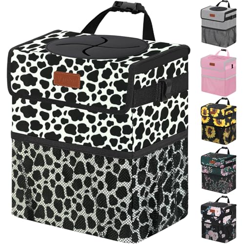 Car Trash Can with Lid Leak Proof Car Accessories for Women (2.2 Gallons / Cow Print)