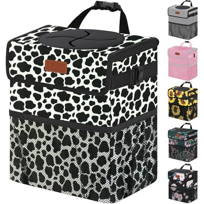 Car Trash Can with Lid Leak Proof Car Accessories for Women (2.2 Gallons / Cow Print)