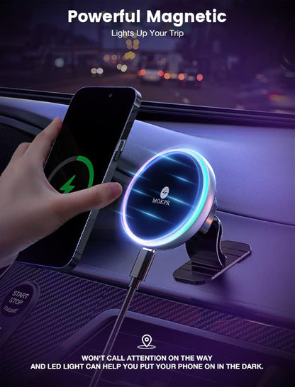 for Magsafe Car Mount Charger 15W LED RGB Car Phone Holder for Dash Vent (Brigh Black)