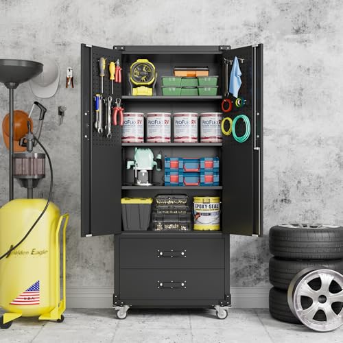 Rolling Storage Cabinet with 2 Doors and 2 Drawers (Black / 15.2"D x 30"W x 71.2"H)